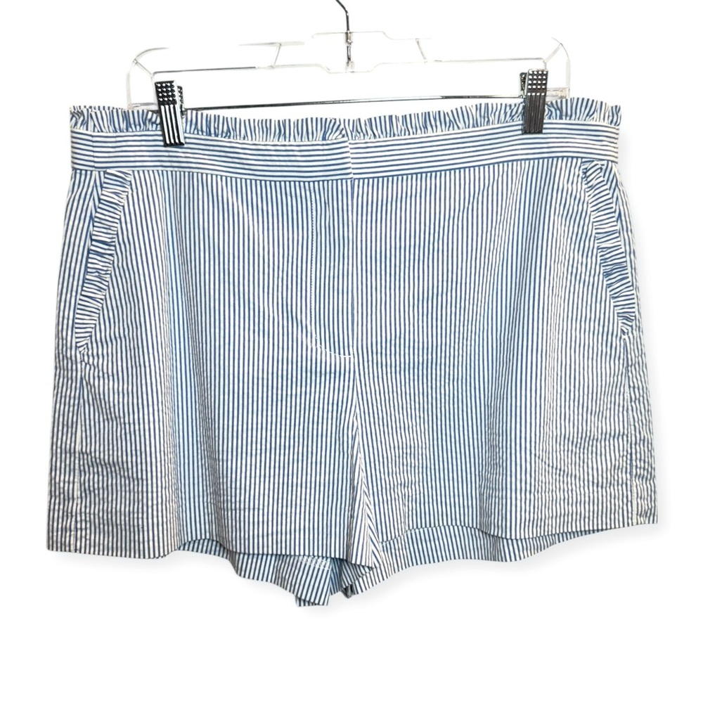 J Crew Size 12 Blue White Stripe Beachy Nautical Preppy Seersucker Ruffle Shorts - Picture 3 of 10